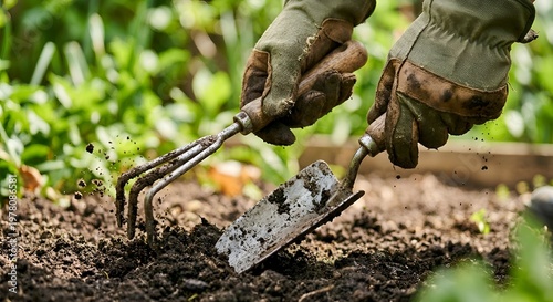Gardening Tools in Action: Hands with Gloves Using Trowel and Hand Rake in Soil