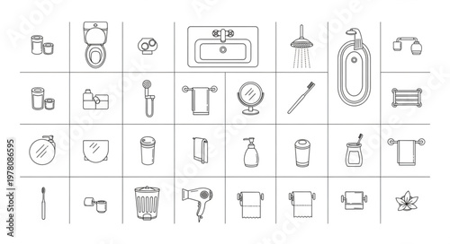 Collection of Bathroom Fixtures and Accessories Line Art Icons.