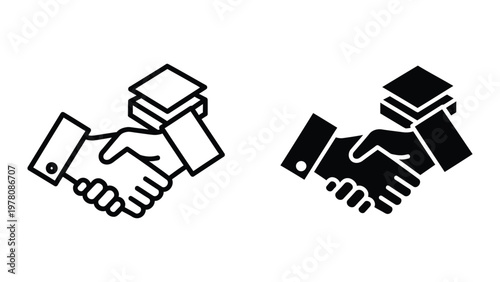 Handshake icons representing business and academic agreements with digital devices