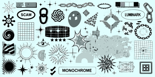 Abstract collection of monochrome shapes symbols and graphic elements