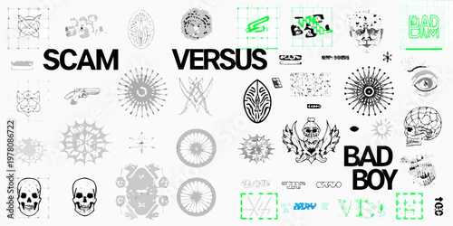 Collage of graphic elements text and illustrations in black and white