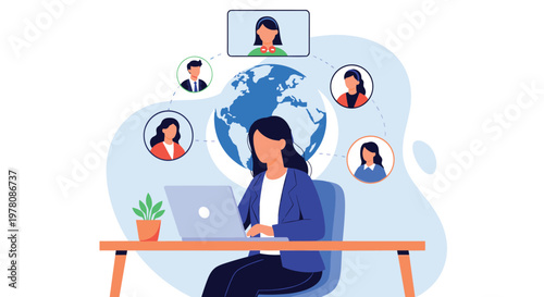 Global remote work concept with a businesswoman using a laptop at her desk connected to team members worldwide through a digital network map.
