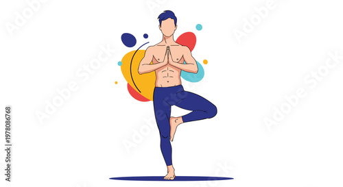 Athletic man in blue leggings practicing the yoga tree pose for balance and mindfulness against a background of colorful abstract circular shapes.