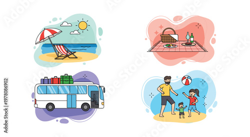 Set of vacation and travel illustrations including a beach scene, a picnic basket on a blanket, a tour bus, and a family playing on the seashore.