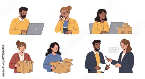 A vector graphic illustration of people working and communicating in an office setting with laptops and cardboard boxes