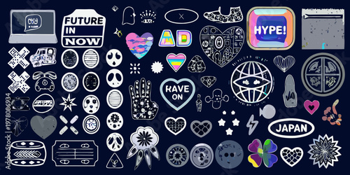 A colorful collection of stickers and doodles on a dark background