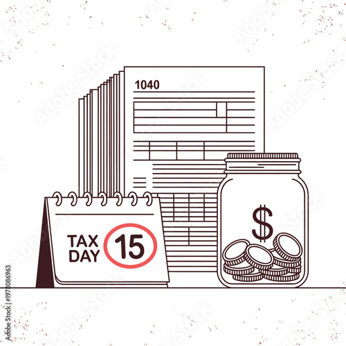 Tax documents and a glass jar filled with coins illustrate financial deadlines.