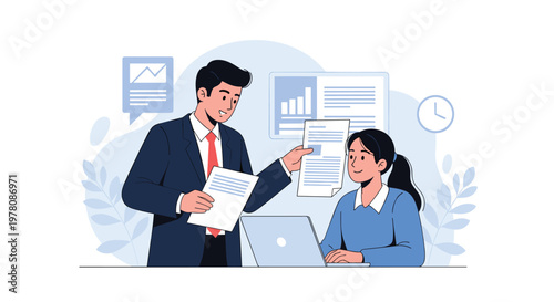 Professional business interaction showing a man in a suit handing documents to a female colleague working on a laptop in a bright modern workspace.