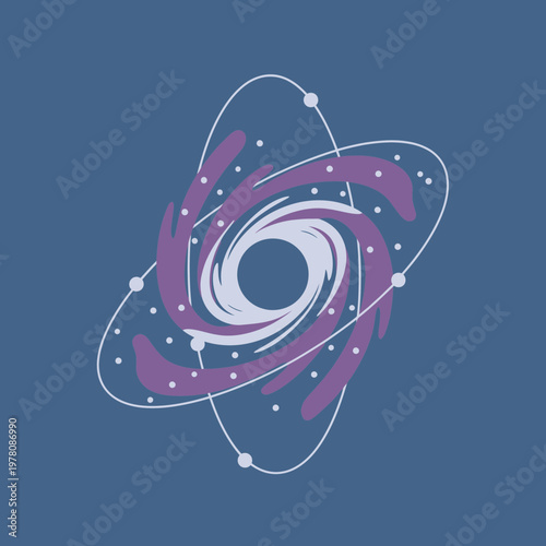 Abstract Galaxy Swirl with Orbiting Planets and Stars on Blue