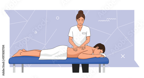 Relaxing wellness treatment showing a male client lying on a massage table receiving a professional back massage from a therapist in a spa salon.