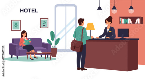 Hotel lobby scene with a traveler checking in at the reception desk while another woman sits on a purple sofa reading a book in the lounge area.