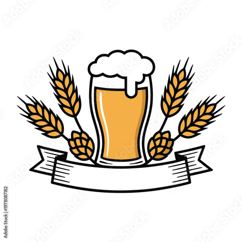 Beer glass with wheat stalks and a banner creates a rustic brewery label design.