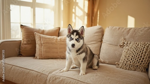 Siberian Husky puppy sitting on beige sofa in warmly lit living room with sunlight