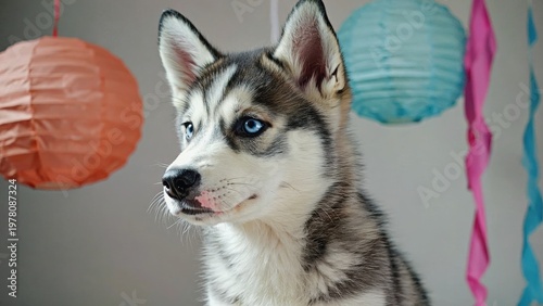 Siberian Husky puppy with striking blue eyes and grey white fur with colorful paper lanterns