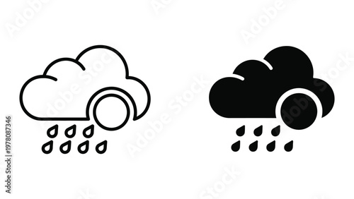 Comparison of light and heavy rainfall cloud icons with sun and rain symbols