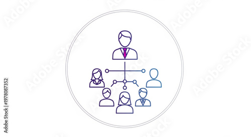 A vector graphic illustration of a business team with a leader and connected members in a circular organizational chart