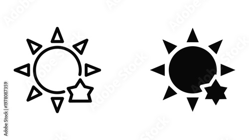Contrasting depictions of a sun with a crescent and star symbol in different styles
