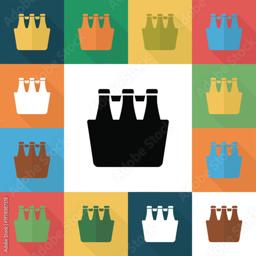 Beer bottle carriers displayed on colorful square backgrounds.