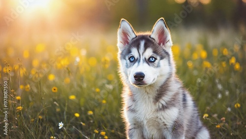 Young Siberian Husky sitting in yellow wildflower field at sunset with golden light