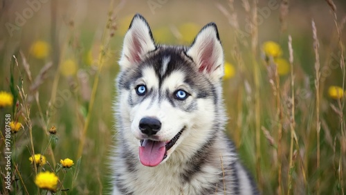 Young Siberian Husky sitting in field of yellow wildflowers with striking blue eyes