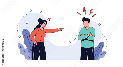 Illustration of a woman and a man having a heated argument with angry expressions and lightning symbols representing conflict.