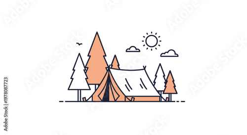 Peaceful camping scene featuring a tent set up in a pine forest under a bright sun and clear blue sky.