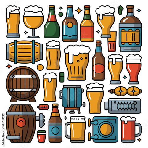 Various beer bottles and barrels illustrated in a flat design style.