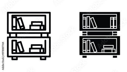 Two distinct styles of double-decker bookshelf designs filled with books and small items