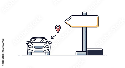 Line art illustration of a car driving on a road past a blank directional sign with a red location pin nearby.