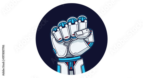 High tech illustration of a powerful robotic fist enclosed in a dark circle representing futuristic strength and AI.