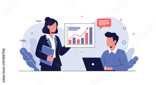 Businesswoman showing a positive growth chart on a board to a male colleague while working in a modern office.