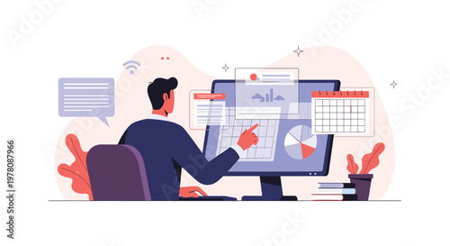 Data analyst sitting at a desk and pointing at various charts and a calendar on a large computer screen for scheduling.