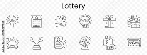 Lottery set icon. Outline gambling prizes, cheering figure, ticket stub, lucky clover hand, win badge, gift box, cash stack, money bag, trophy, card stamp, raffle drum, receipt, scratch card