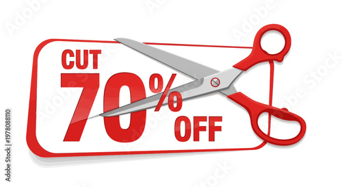 Scissors Cutting 70% Off Discount Tag, Sale Promotion, Price Reduction Concept