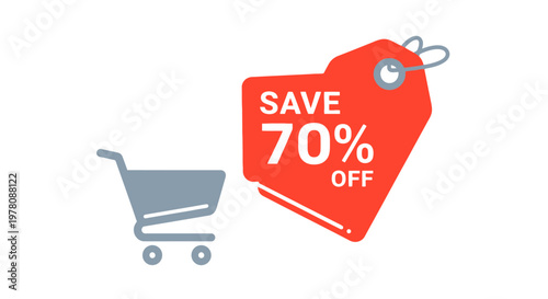 Shopping Cart and 70% Off Discount Tag - Sale and Savings Concept