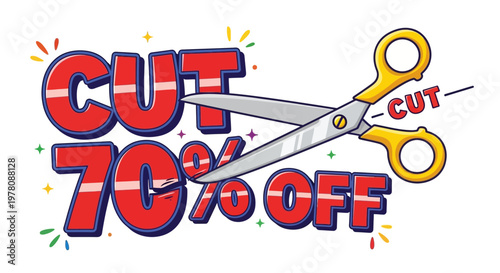 Scissors cutting 70% off text, sale and discount concept