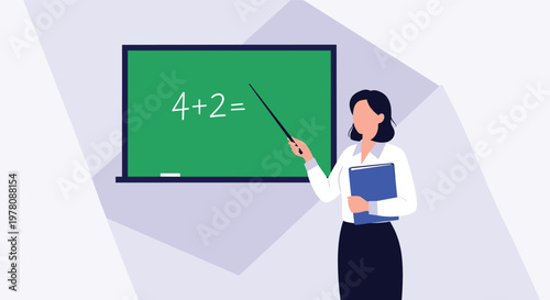 Professional woman teacher pointing at a simple math problem on a green chalkboard in a classroom setting while holding a blue notebook.
