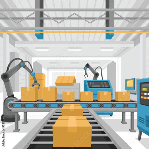Quadro em tela Conveyor belt systems move cardboard boxes through a modern automated factory