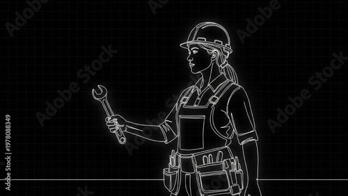 Female Technician Neon Line Art – Industrial Worker with Wrench Futuristic Blueprint Grid Illustration