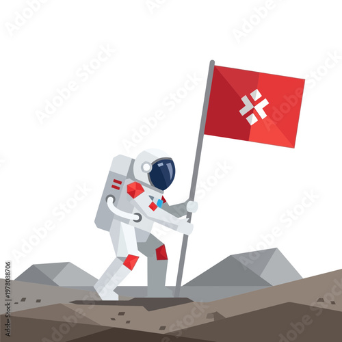 Astronaut planting flag on alien planet, space exploration, discovery, science