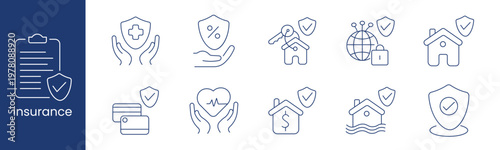 Insurance protection coverage set icon. Policy document medical shield percent hand house keys globe lock home card heart flood secure depict safety service risk.