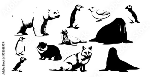 Realistic Arctic wildlife animals and birds polar bear penguin walrus vector collection