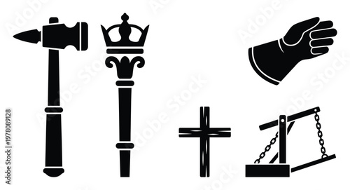 Collection of historical power symbols including hammer scepter gauntlet cross and portcullis providing diverse graphic elements for various design projects and educational materials