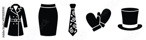 Sophisticated clothing and accessory icon set featuring a trench coat, pencil skirt, paisley tie, warm mittens, and elegant top hat, ideal for various fashion themed graphic resources.