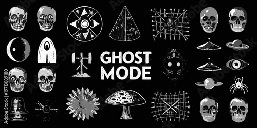 An assortment of spooky grayscale illustrations including skulls and otherworldly shapes