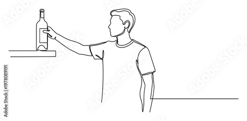 Man in tshirt reaching for a bottle on a shelf, depicted in a stylish continuous one line drawing, perfect for minimalist branding or clean graphic design projects.
