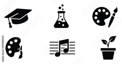 Graduation cap, science flask, art palette, musical notes, and plant icons representing education, STEM, creativity, and growth, ideal for academic and hobby content.