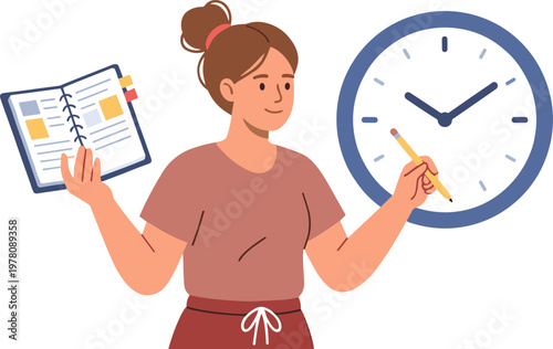 Woman holds notebook and pencil next to large clock