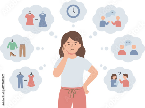 Woman thinking about various social issues while standing stressed.