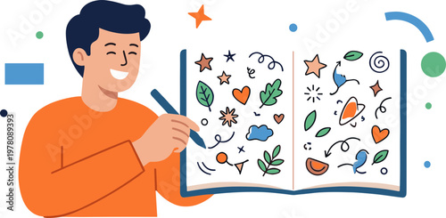 A man holding a book with colorful illustrations and writing with a pen